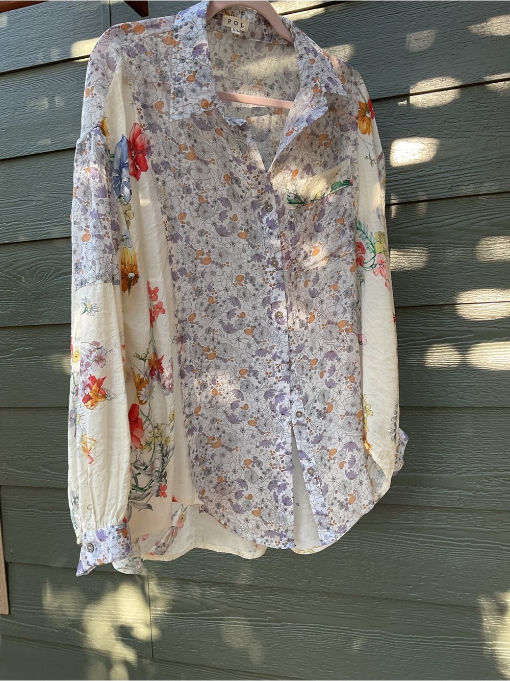 POL Mixed-Print Floral Button-Up Shirt — Lavender, Cream & Multicolor